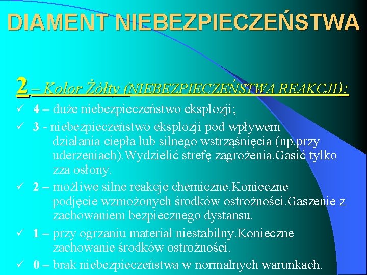 DIAMENT NIEBEZPIECZEŃSTWA 2 – Kolor Żółty (NIEBEZPIECZEŃSTWA REAKCJI): ü ü ü 4 – duże