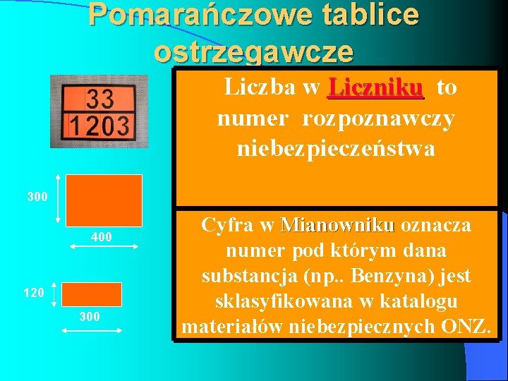 Pomarańczowe tablice ostrzegawcze Liczba w Liczniku to Liczniku numer rozpoznawczy niebezpieczeństwa 300 400 120