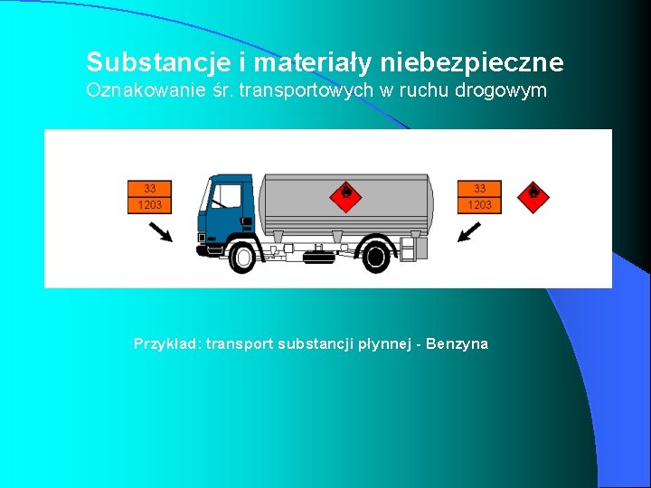 Substancje i materiały niebezpieczne Oznakowanie śr. transportowych w ruchu drogowym Przykład: transport substancji płynnej Substancje i materiały niebezpieczne Oznakowanie śr. transportowych w ruchu drogowym Przykład: transport substancji płynnej