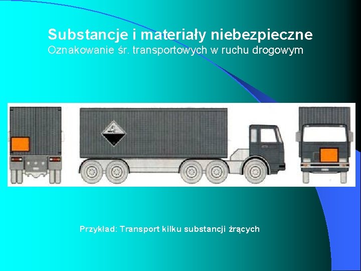 Substancje i materiały niebezpieczne Oznakowanie śr. transportowych w ruchu drogowym Przykład: Transport kilku substancji Substancje i materiały niebezpieczne Oznakowanie śr. transportowych w ruchu drogowym Przykład: Transport kilku substancji