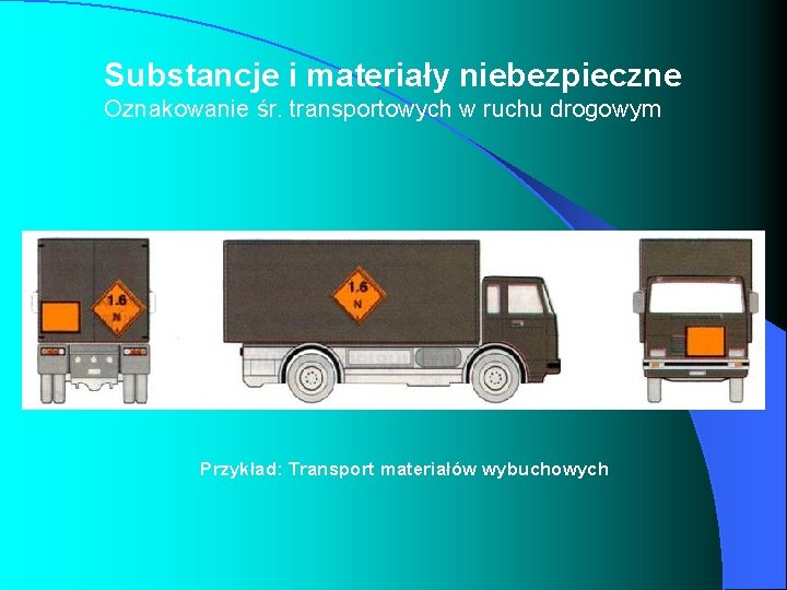 Substancje i materiały niebezpieczne Oznakowanie śr. transportowych w ruchu drogowym Przykład: Transport materiałów wybuchowych