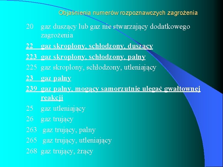 Objaśnienia numerów rozpoznawczych zagrożenia 20 22 223 225 23 239 25 26 263 265