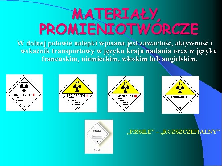 MATERIAŁY PROMIENIOTWÓRCZE W dolnej połowie nalepki wpisana jest zawartość, aktywność i wskaźnik transportowy w