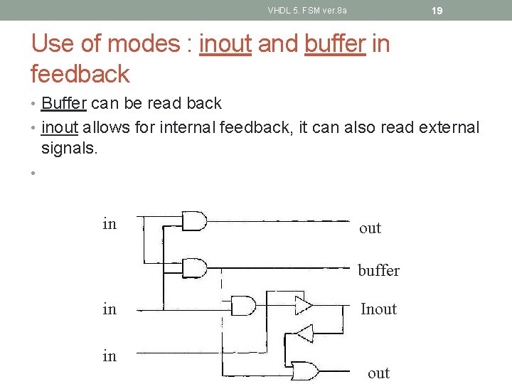 19 VHDL 5. FSM ver. 8 a Use of modes : inout and buffer