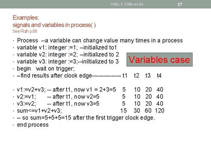 VHDL 5. FSM ver. 8 a 27 Examples: signals and variables in process( )