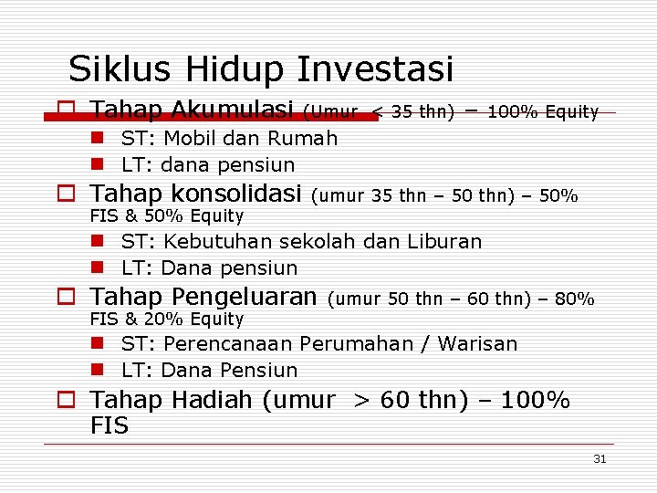 Siklus Hidup Investasi o Tahap Akumulasi (Umur < 35 thn) – 100% Equity n