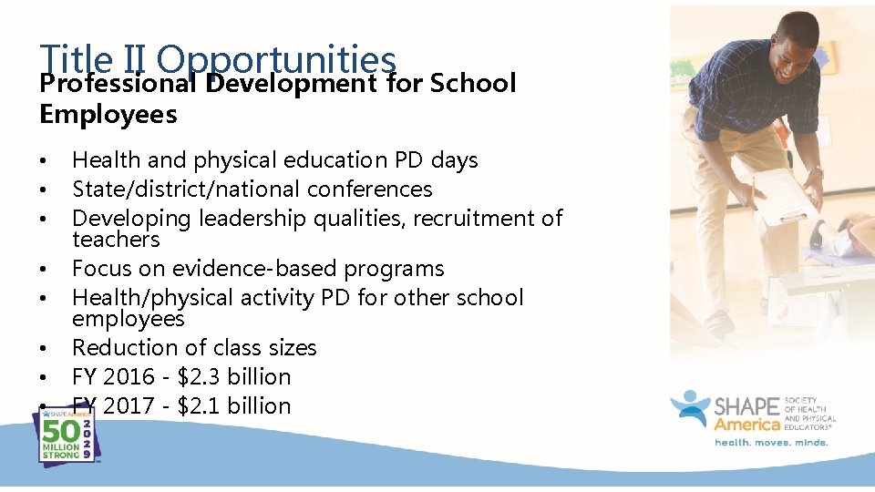 Title II Opportunities Professional Development for School Employees • • Health and physical education