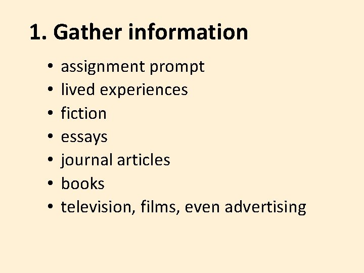 1. Gather information • • assignment prompt lived experiences fiction essays journal articles books 1. Gather information • • assignment prompt lived experiences fiction essays journal articles books