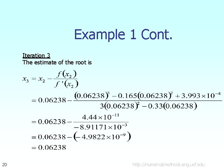 Example 1 Cont. Iteration 3 The estimate of the root is 20 http: //numericalmethods.