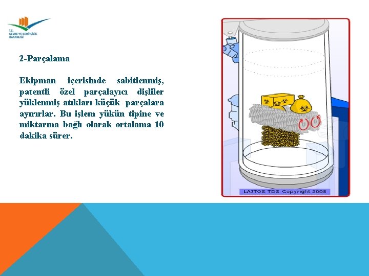 2 -Parçalama Ekipman içerisinde sabitlenmiş, patentli özel parçalayıcı dişliler yüklenmiş atıkları küçük parçalara ayırırlar.