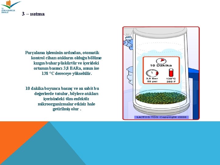 3 – ısıtma Parçalama işleminin ardından, otomatik kontrol cihazı atıkların olduğu bölüme kızgın buhar