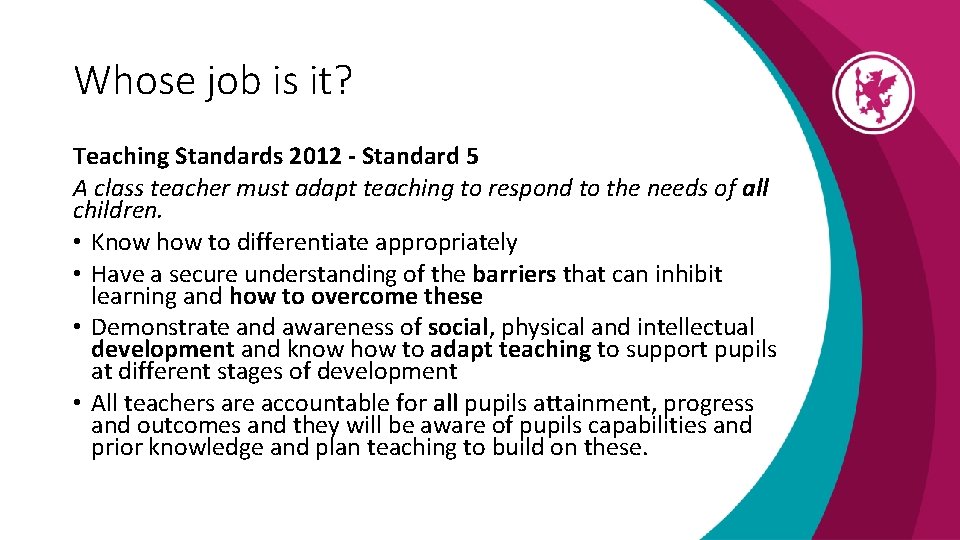 Whose job is it? Teaching Standards 2012 - Standard 5 A class teacher must