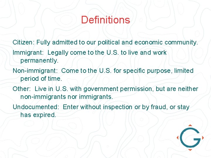 Definitions Citizen: Fully admitted to our political and economic community. Immigrant: Legally come to