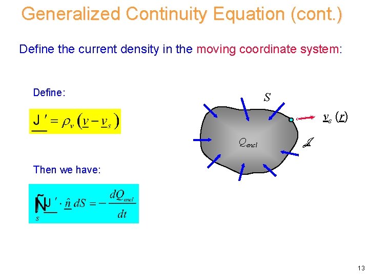 Generalized Continuity Equation (cont. ) Define the current density in the moving coordinate system: Generalized Continuity Equation (cont. ) Define the current density in the moving coordinate system: