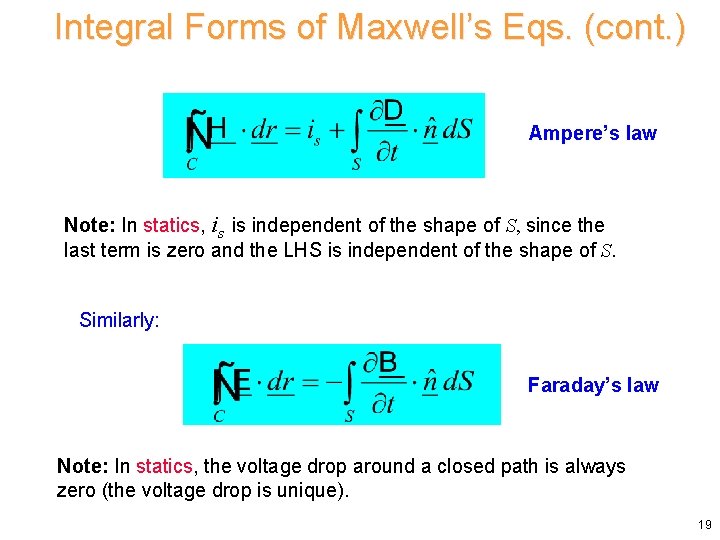 Integral Forms of Maxwell’s Eqs. (cont. ) Ampere’s law Note: In statics, is is Integral Forms of Maxwell’s Eqs. (cont. ) Ampere’s law Note: In statics, is is