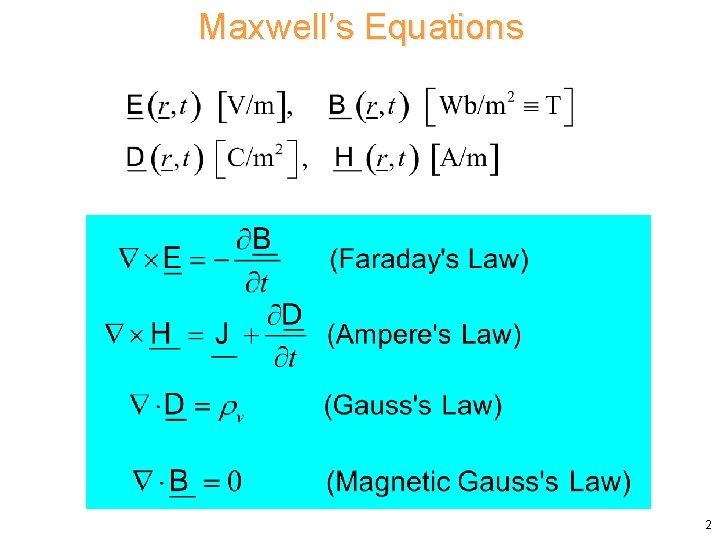 Maxwell’s Equations 2 Maxwell’s Equations 2
