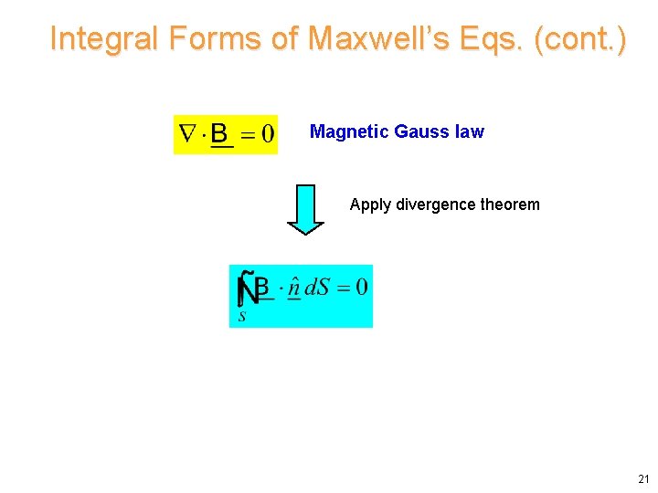 Integral Forms of Maxwell’s Eqs. (cont. ) Magnetic Gauss law Apply divergence theorem 21 Integral Forms of Maxwell’s Eqs. (cont. ) Magnetic Gauss law Apply divergence theorem 21