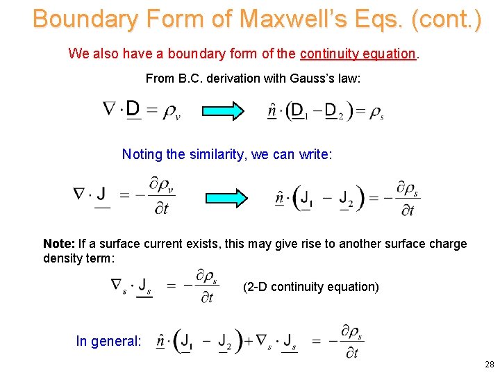 Boundary Form of Maxwell’s Eqs. (cont. ) We also have a boundary form of Boundary Form of Maxwell’s Eqs. (cont. ) We also have a boundary form of