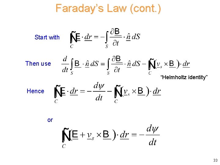 Faraday’s Law (cont. ) Start with Then use “Helmholtz identity” Hence or 33 Faraday’s Law (cont. ) Start with Then use “Helmholtz identity” Hence or 33