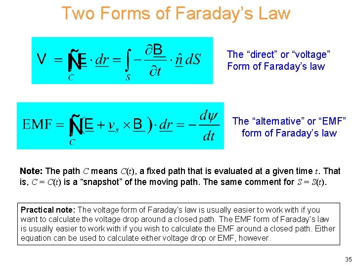 Two Forms of Faraday’s Law The “direct” or “voltage” Form of Faraday’s law The Two Forms of Faraday’s Law The “direct” or “voltage” Form of Faraday’s law The