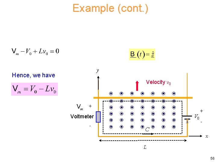 Example (cont. ) y Hence, we have Velocity v 0 + Voltmeter - x Example (cont. ) y Hence, we have Velocity v 0 + Voltmeter - x