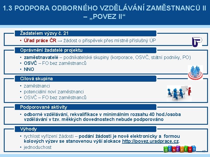 1. 3 PODPORA ODBORNÉHO VZDĚLÁVÁNÍ ZAMĚSTNANCŮ II – „POVEZ II“ Žadatelem výzvy č. 21 1. 3 PODPORA ODBORNÉHO VZDĚLÁVÁNÍ ZAMĚSTNANCŮ II – „POVEZ II“ Žadatelem výzvy č. 21