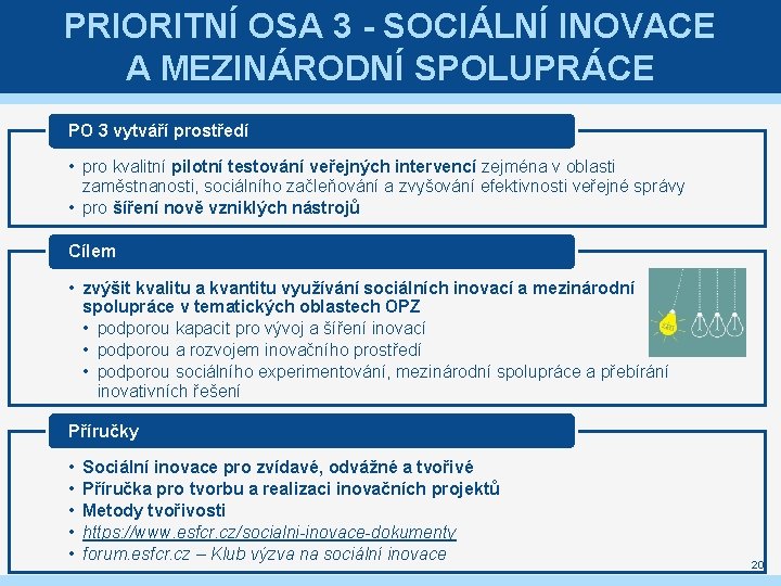 PRIORITNÍ OSA 3 - SOCIÁLNÍ INOVACE A MEZINÁRODNÍ SPOLUPRÁCE PO 3 vytváří prostředí • PRIORITNÍ OSA 3 - SOCIÁLNÍ INOVACE A MEZINÁRODNÍ SPOLUPRÁCE PO 3 vytváří prostředí •