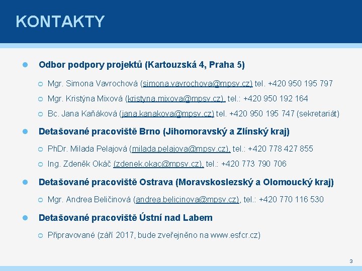 KONTAKTY Odbor podpory projektů (Kartouzská 4, Praha 5) Mgr. Simona Vavrochová (simona. vavrochova@mpsv. cz)