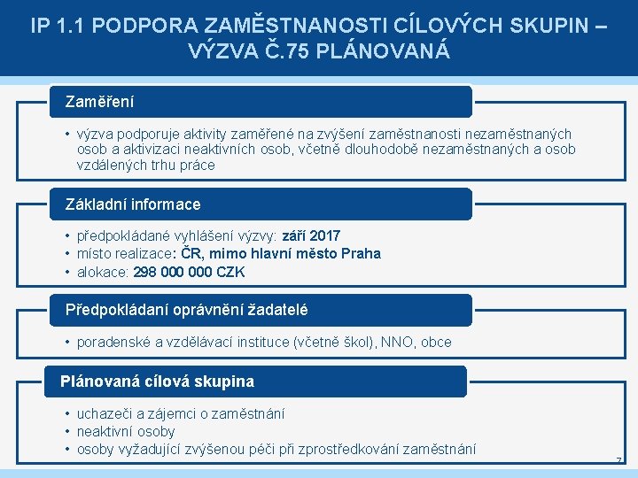 IP 1. 1 PODPORA ZAMĚSTNANOSTI CÍLOVÝCH SKUPIN – VÝZVA Č. 75 PLÁNOVANÁ Zaměření •