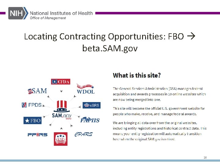 Locating Contracting Opportunities: FBO beta. SAM. gov 16 