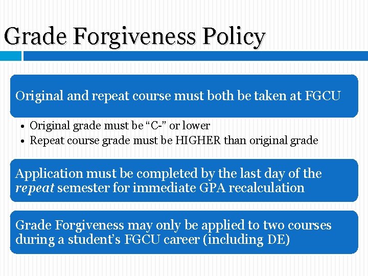 Grade Forgiveness Policy Original and repeat course must both be taken at FGCU • Grade Forgiveness Policy Original and repeat course must both be taken at FGCU •