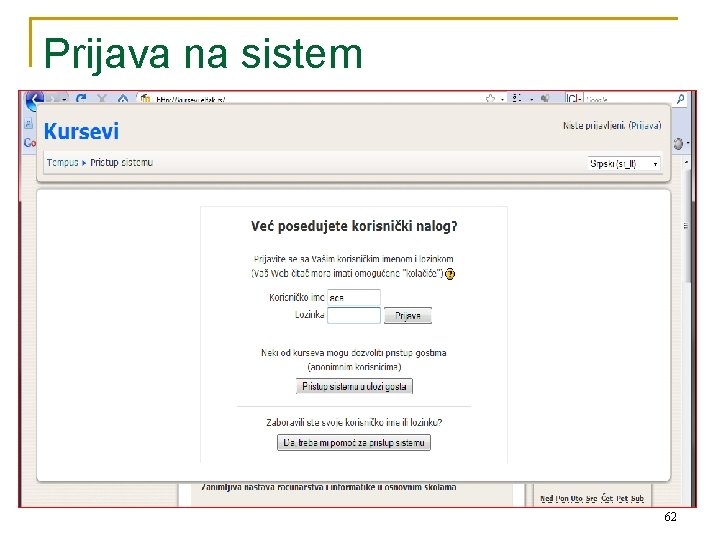 Prijava na sistem 62 