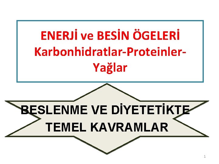 ENERJİ ve BESİN ÖGELERİ Karbonhidratlar-Proteinler. Yağlar BESLENME VE DİYETETİKTE TEMEL KAVRAMLAR 1 