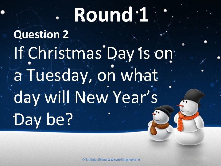 Question 2 Round 1 If Christmas Day is on a Tuesday, on what day