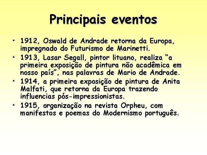 Principais eventos • 1912, Oswald de Andrade retorna da Europa, impregnado do Futurismo de Principais eventos • 1912, Oswald de Andrade retorna da Europa, impregnado do Futurismo de