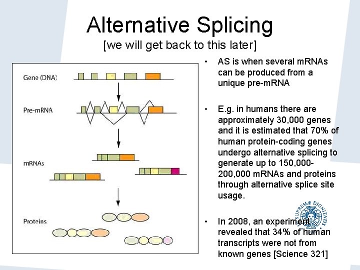 Alternative Splicing [we will get back to this later] • AS is when several