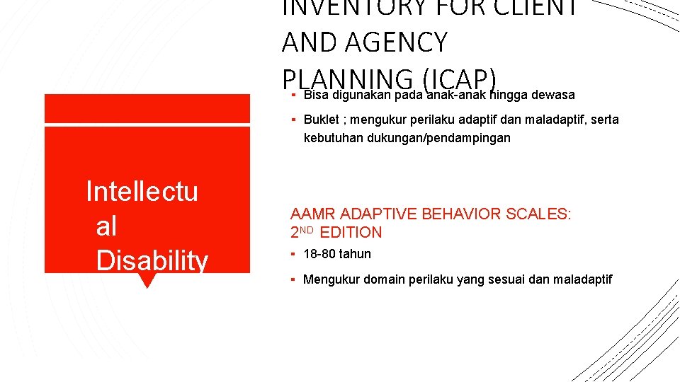 INVENTORY FOR CLIENT AND AGENCY PLANNING (ICAP) ▪ Bisa digunakan pada anak-anak hingga dewasa