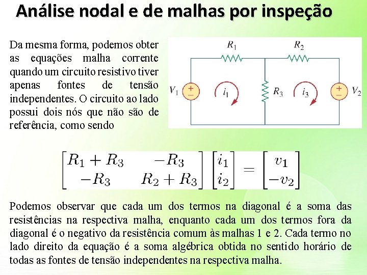 Análise nodal e de malhas por inspeção Da mesma forma, podemos obter as equações