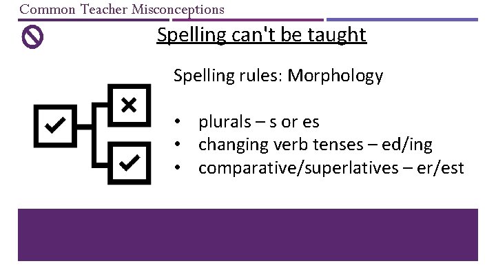 Common Teacher Misconceptions Spelling can't be taught Spelling rules: Morphology • plurals – s