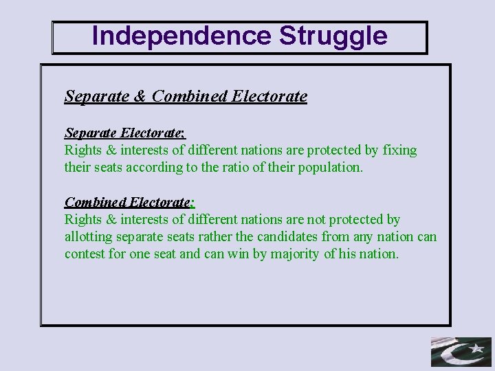 Independence Struggle Separate & Combined Electorate Separate Electorate; Rights & interests of different nations