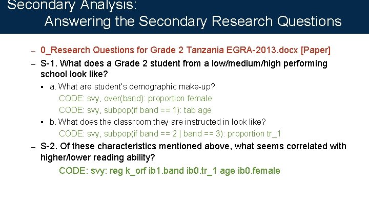 Secondary Analysis: Answering the Secondary Research Questions 0_Research Questions for Grade 2 Tanzania EGRA-2013.