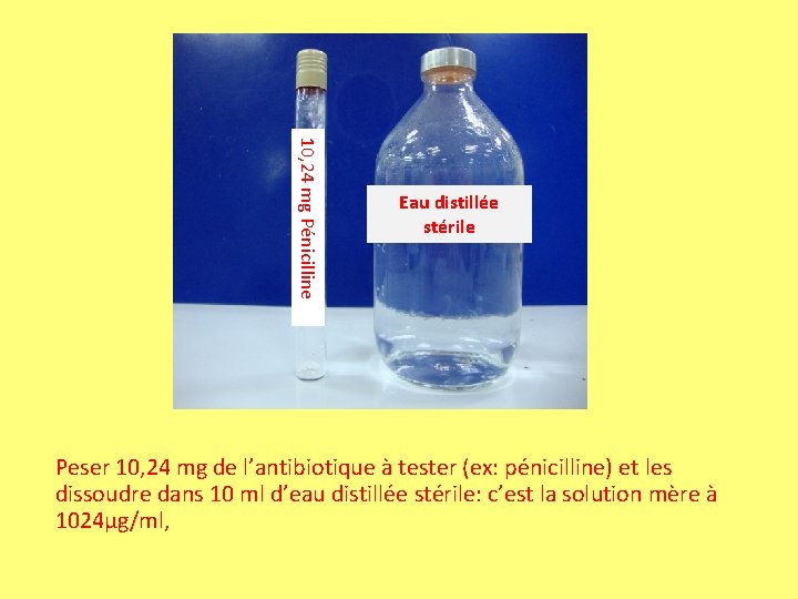 10, 24 mg Pénicilline Eau distillée stérile Peser 10, 24 mg de l’antibiotique à 10, 24 mg Pénicilline Eau distillée stérile Peser 10, 24 mg de l’antibiotique à