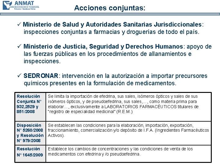 Acciones conjuntas: ü Ministerio de Salud y Autoridades Sanitarias Jurisdiccionales: inspecciones conjuntas a farmacias
