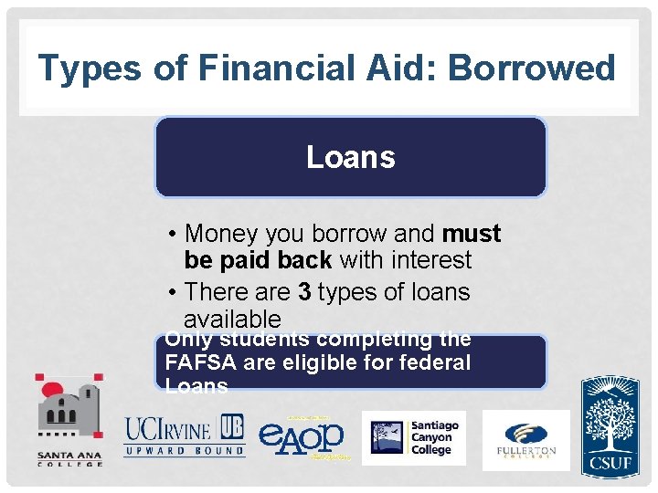 Types of Financial Aid: Borrowed Loans • Money you borrow and must be paid