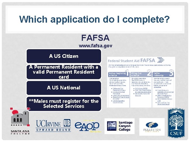 Which application do I complete? FAFSA www. fafsa. gov A US Citizen A Permanent
