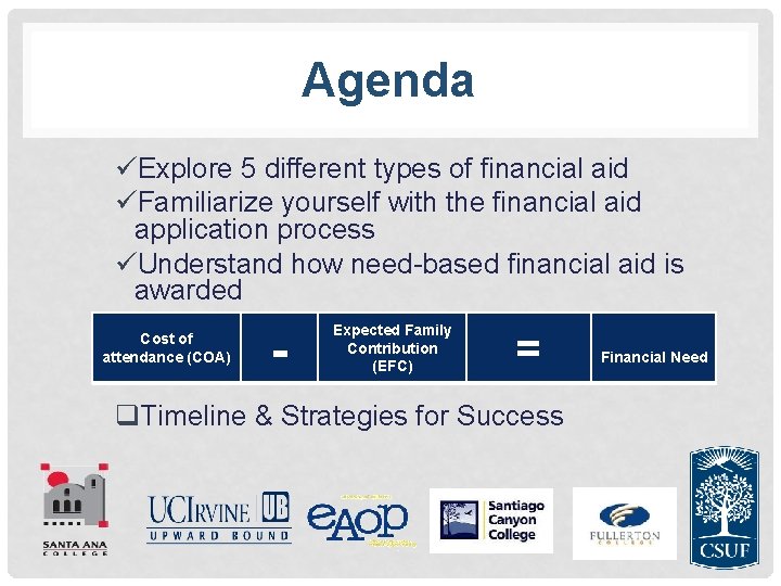 Agenda üExplore 5 different types of financial aid üFamiliarize yourself with the financial aid