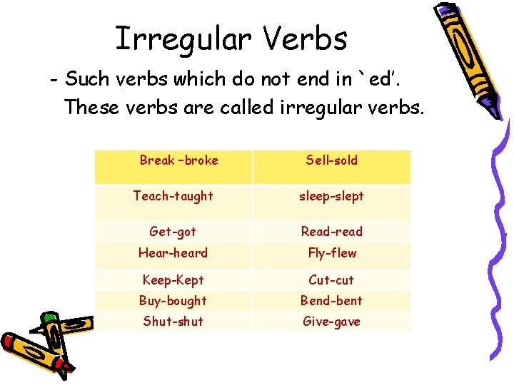 Irregular Verbs - Such verbs which do not end in `ed’. These verbs are
