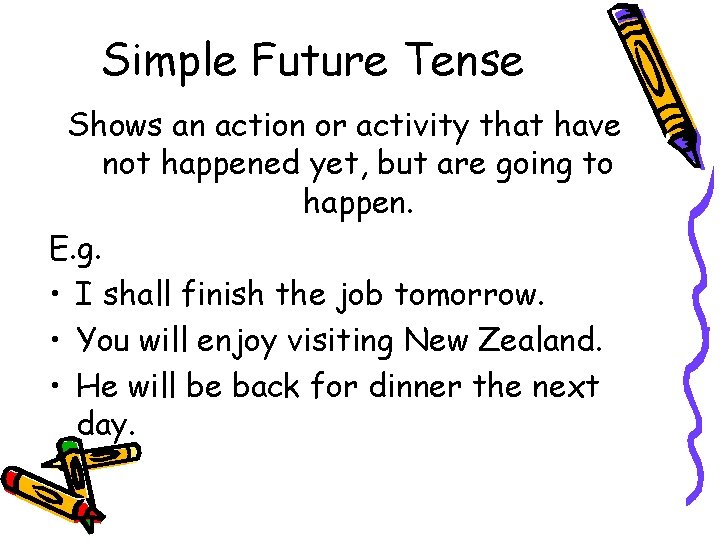 Simple Future Tense Shows an action or activity that have not happened yet, but