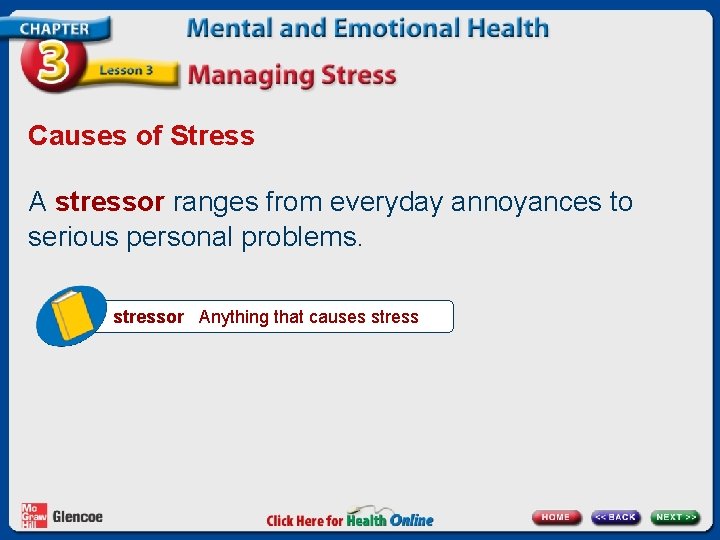 Causes of Stress A stressor ranges from everyday annoyances to serious personal problems. stressor