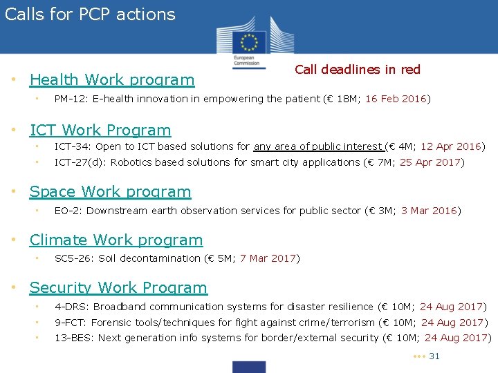 Calls for PCP actions • Health Work program • Call deadlines in red PM-12: Calls for PCP actions • Health Work program • Call deadlines in red PM-12: